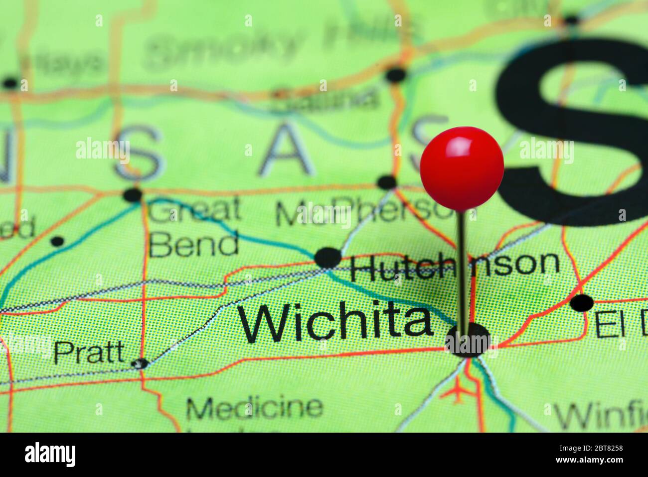 Wichita auf einer Karte von Kansas, USA Stockfoto