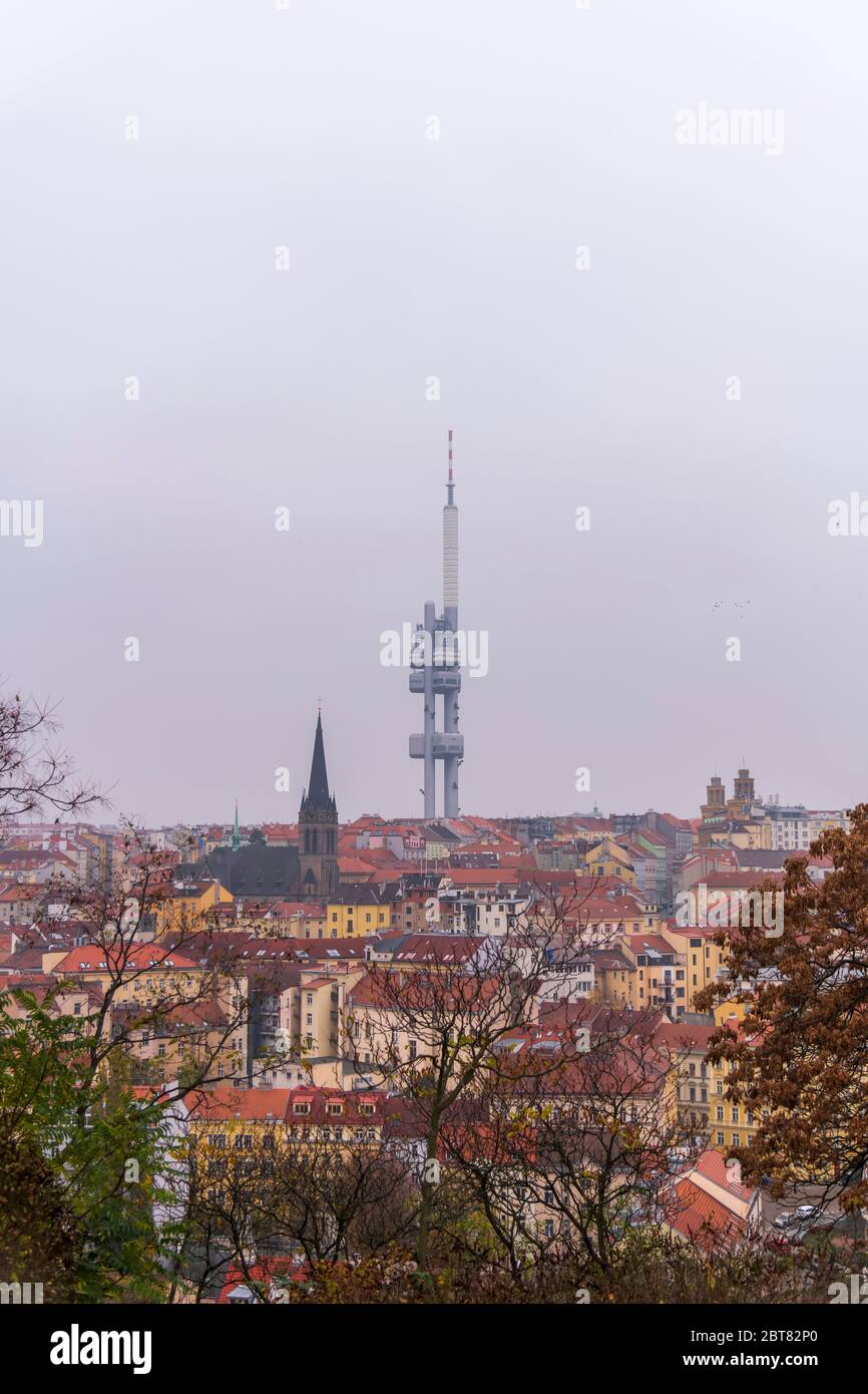 Blick auf die Prager Altstadt mit vielen roten Dächern, Kirchen und dem Wahrzeichen des Turm-Parks Praha. Stockfoto