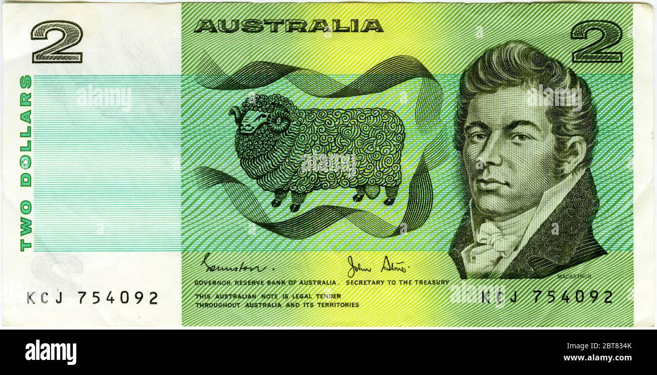 Die alte australische Banknote mit 2 Dollar, die Schafzüchter John MacArthur zeigt. Stockfoto