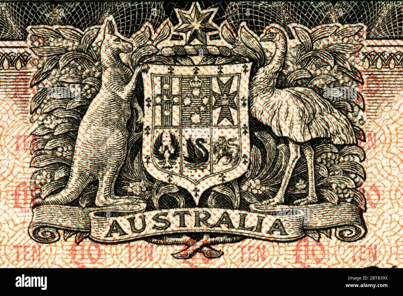 Australisches Wappen auf einer 10 Pfund-Banknote, die zwischen 1954 und 1959 ausgestellt wurde Stockfoto