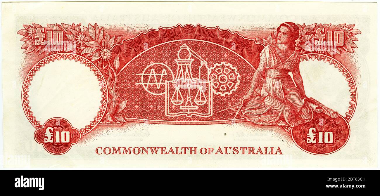 Rückseite einer australischen 10 Pfund Banknote mit einer Frau mit Trennwänden und Plänen, ausgestellt zwischen 1954 und 1959 Stockfoto