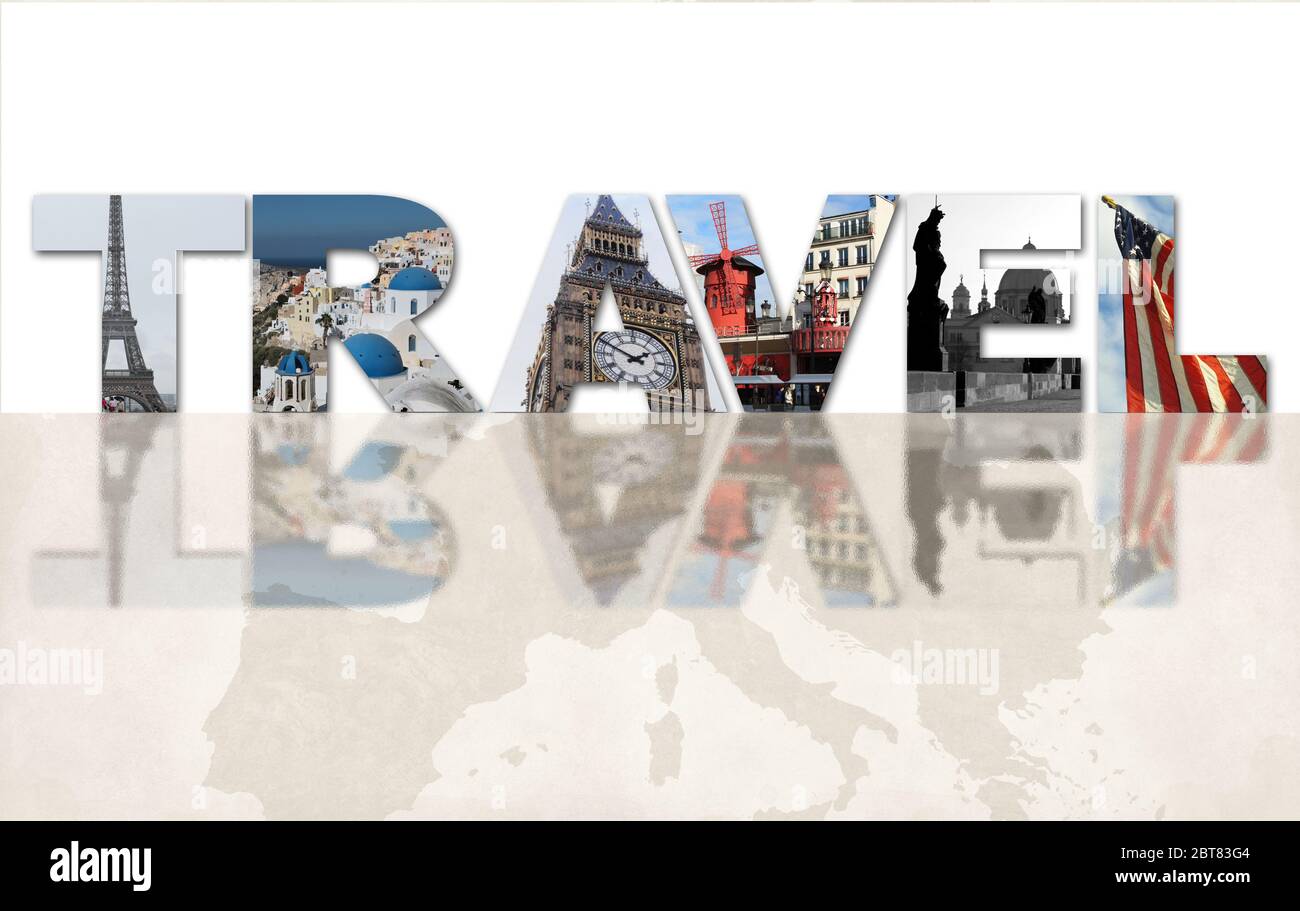 Word Reise von Foto-Collage von berühmten Orten in der Welt - Paris, Santorini, London, Prag, amerikanische Flagge auf weißem Hintergrund mit Reflexion auf der Ikone der Sepia-Karte von Europa. Werbung, Postkarte, Poster. Stockfoto