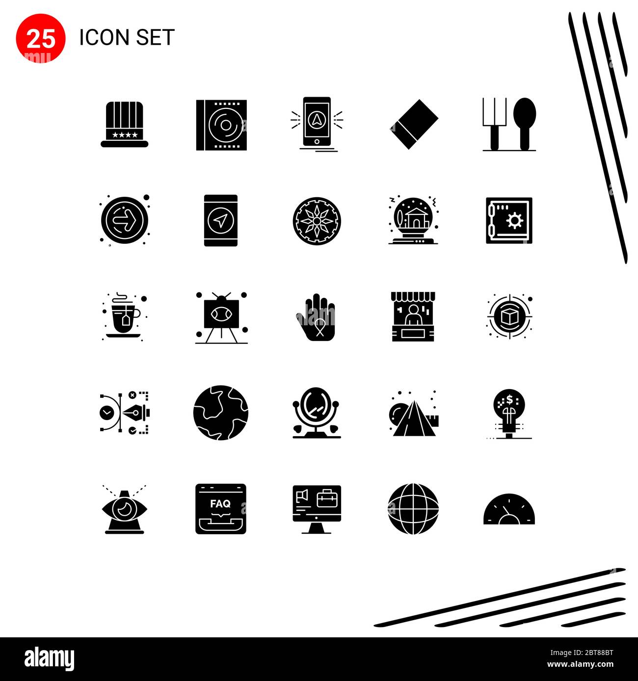 25 Universal Solid Glyph Zeichen Symbole Löffel, Baby, Disc, Gummi, gps editierbare Vektor Design Elemente Stock Vektor