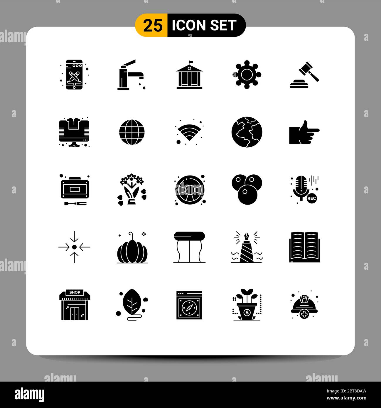 Modernes Set von 25 Solid Glyphen Piktogramm des Gesetzes, Auktion, Dusche, Zahnräder, Getriebe editierbar Vektor Design-Elemente Stock Vektor
