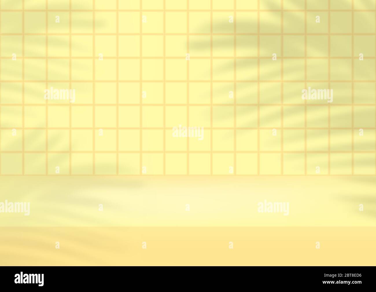 Leere Studio gelbe Fliesen Hintergrund mit Palmblättern für die Produktanzeige. Showroom Shoot Render. Banner Hintergrund für Werbung Produkt. Stock Vektor