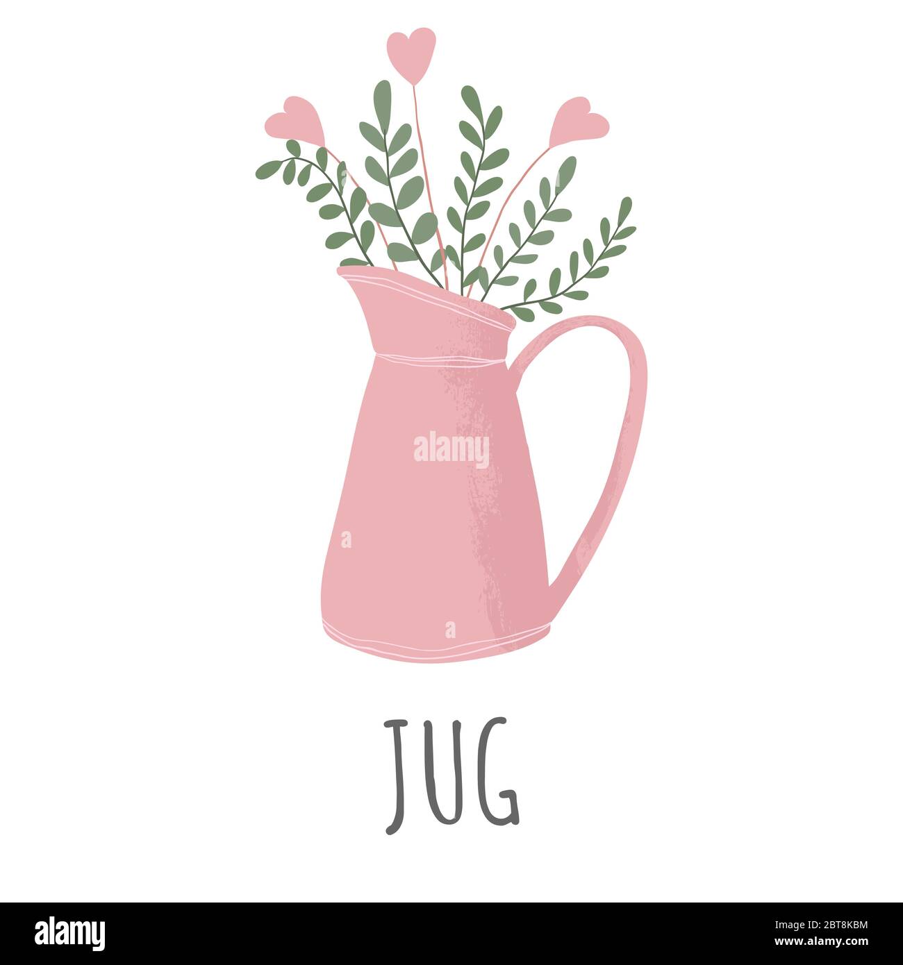 Vektor handgezeichnete Ikone eines rosa Gartenkännchen mit Blume und Ästen in flacher Cartoons Stil. Gartendekoration und Werkzeuge. Isoliert auf weißem Rücken Stock Vektor