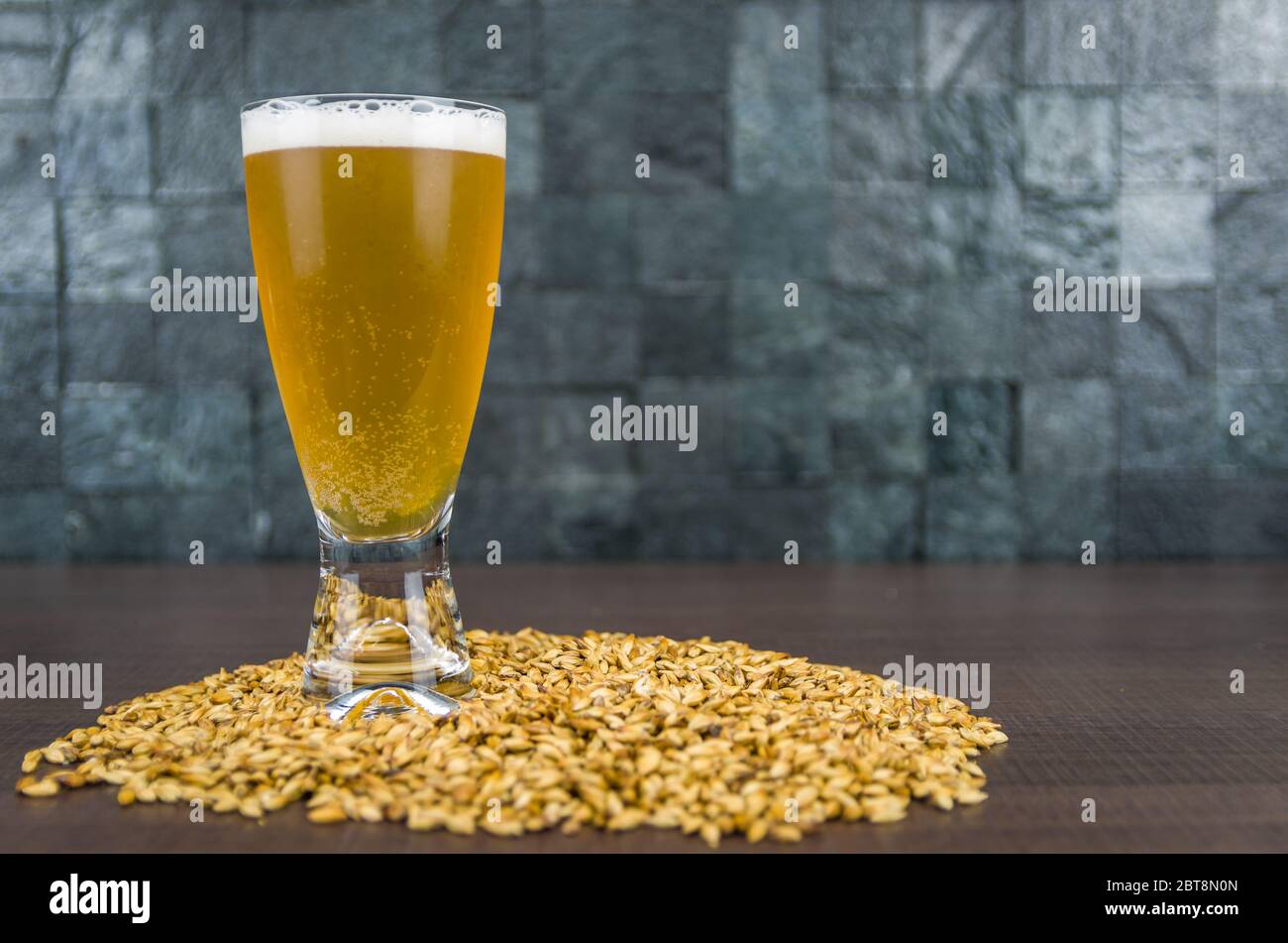 Glas Bier von oben mit Malz im Hintergrund Stockfoto