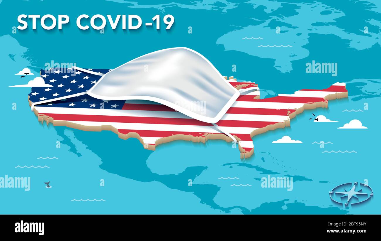 Karte der Vereinigten Staaten von Amerika mit USA Flagge und Gesichtsmaske - Stop Covid-19 Stock Vektor