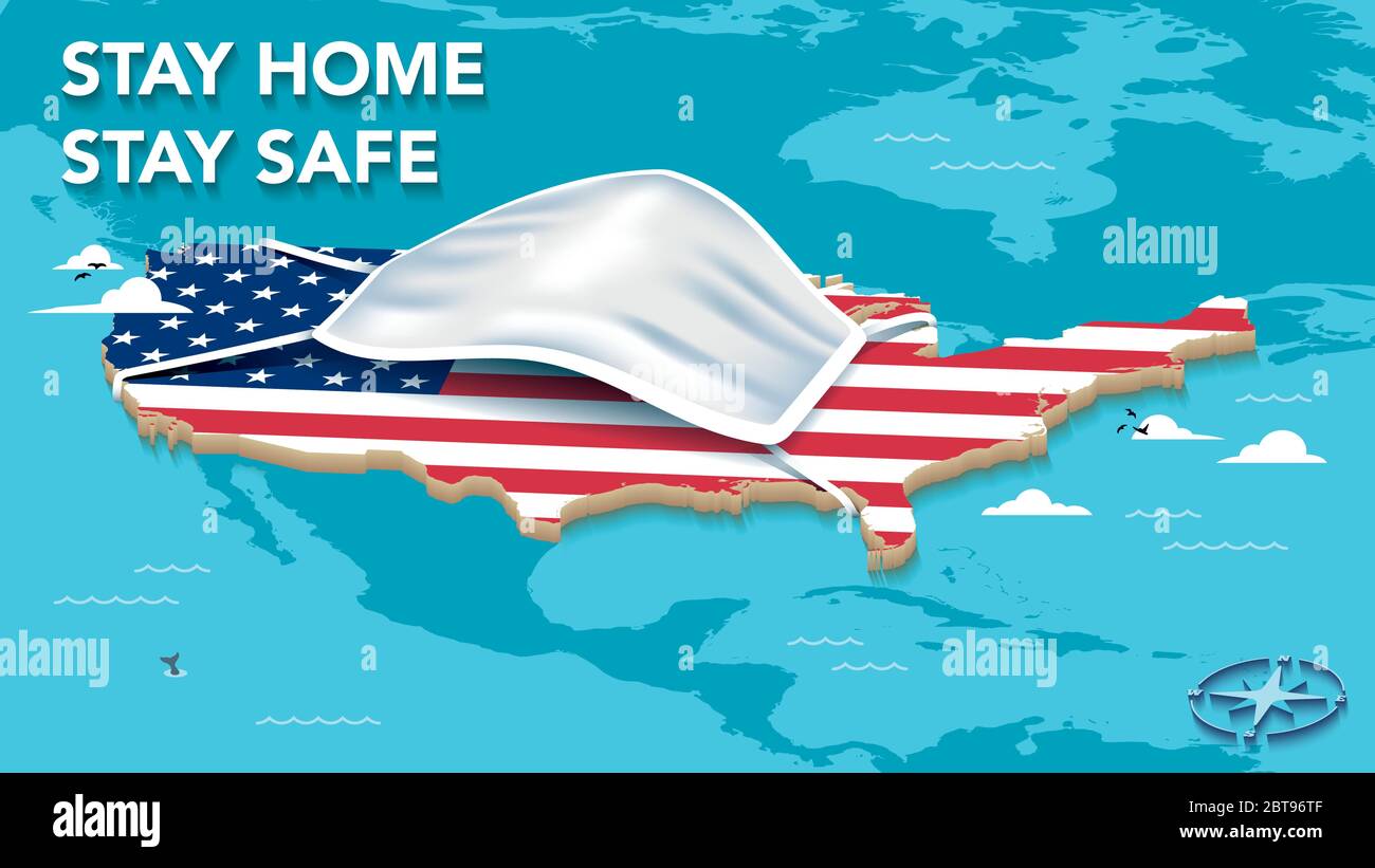 Karte der Vereinigten Staaten von Amerika mit USA Flagge und Gesichtsmaske - Stay Home Stay Safe Stock Vektor