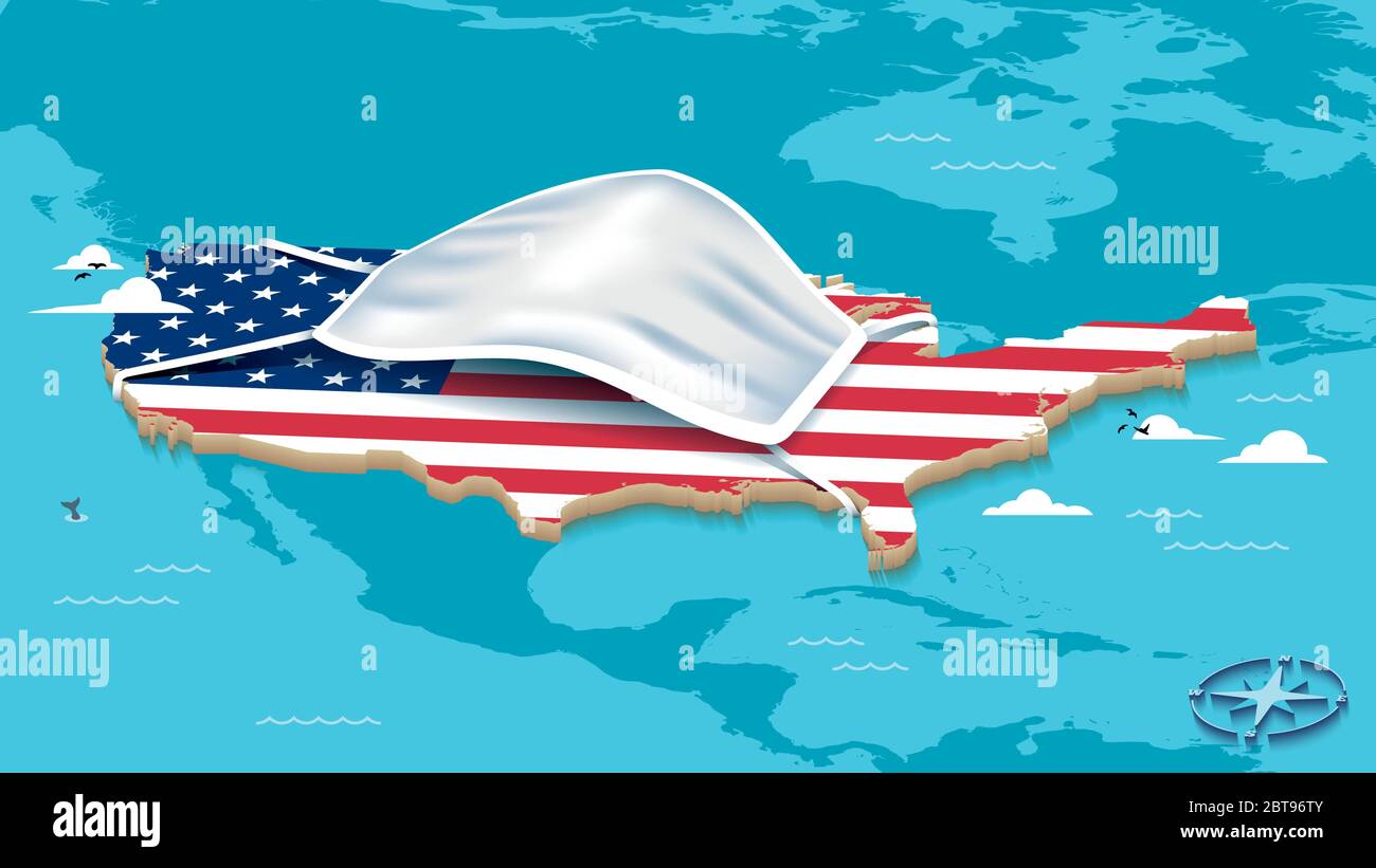 Karte der Vereinigten Staaten von Amerika mit USA Flagge und Gesichtsmaske Stock Vektor