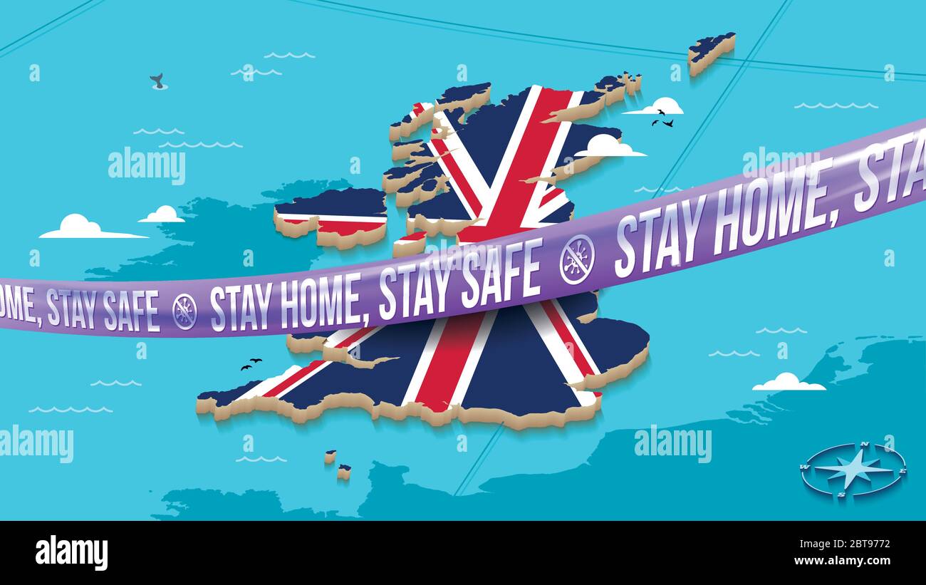 Vereinigtes Königreich Karte mit Union Jack Flagge und Purple Barrier Tape - Bleib zuhause, bleib sicher Stock Vektor
