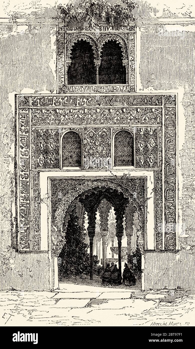 Tor zu den Nasridenpalästen, Alhambra, Granada. Andalusien, Spanien, Europa. Alte Grafik aus dem 19. Jahrhundert, El Mundo en la Mano 1878 Stockfoto