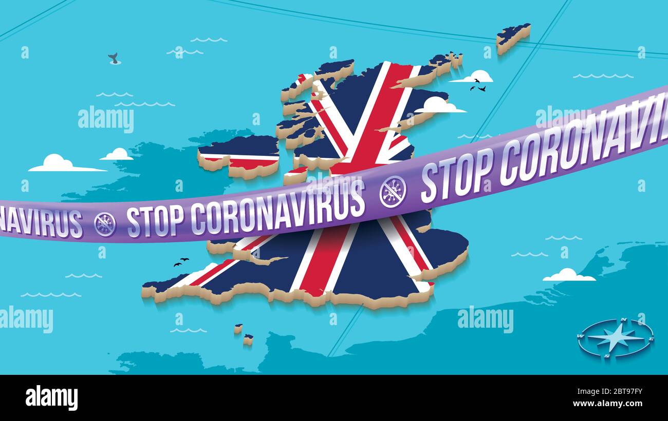 Vereinigtes Königreich Karte mit Union Jack Flagge und Purple Barrier Tape - Stop Corona Stock Vektor