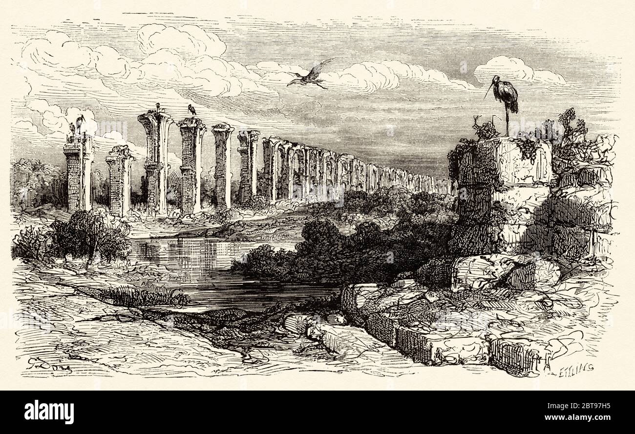 Ruinen des römischen Aquädukts de los Milagros, Merida, Extremadura, Spanien, Europa. Alte Grafik aus dem 19. Jahrhundert, El Mundo en la Mano 1878 Stockfoto