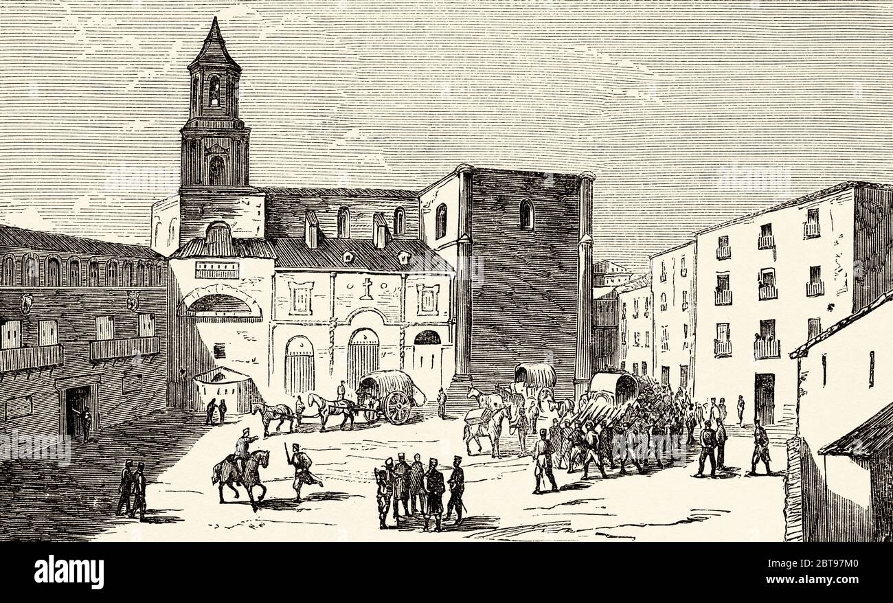 Carlist Wars. Truppen auf dem Kirchplatz in Lerin, Navarra. Spanien, Europa. Alte Grafik aus dem 19. Jahrhundert, El Mundo en la Mano 1878 Stockfoto