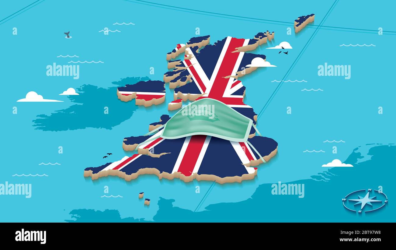 Karte von Großbritannien mit Union Jack Flagge und Gesichtsmaske Stock Vektor