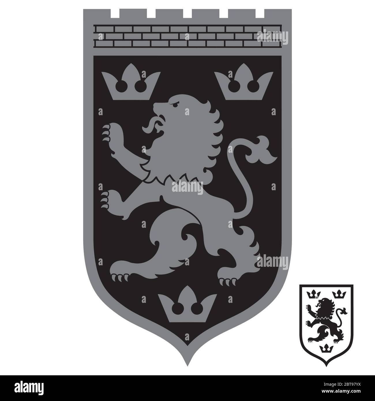 Heraldisches Wappen. Heraldischer Löwe und drei Kronen auf dem Ritterschild Stock Vektor