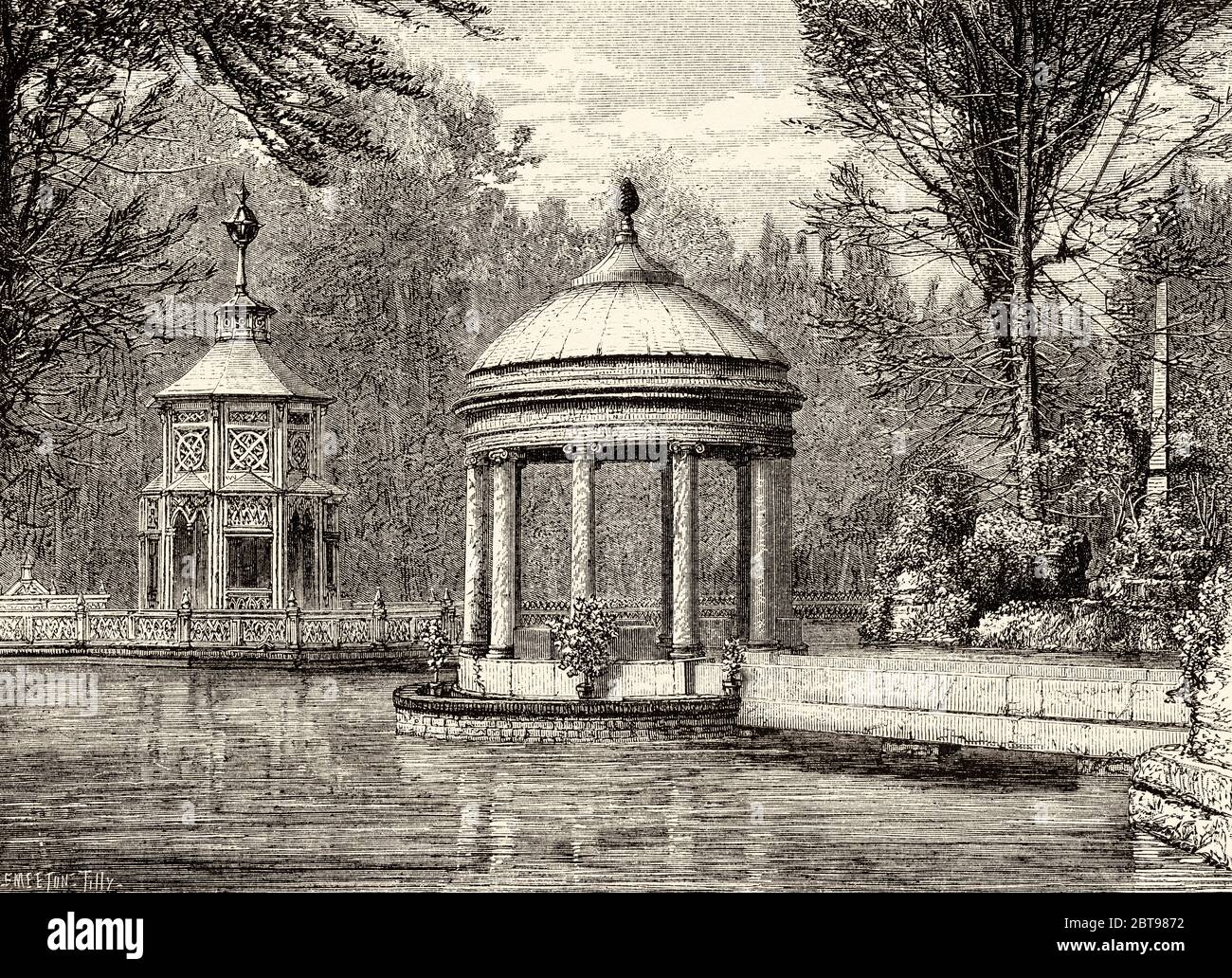 Tempel und Gärten im griechischen Stil im Königspalast von Aranjuez, Madrid. Spanien, Europa. Alte Grafik aus dem 19. Jahrhundert, El Mundo en la Mano 1878 Stockfoto