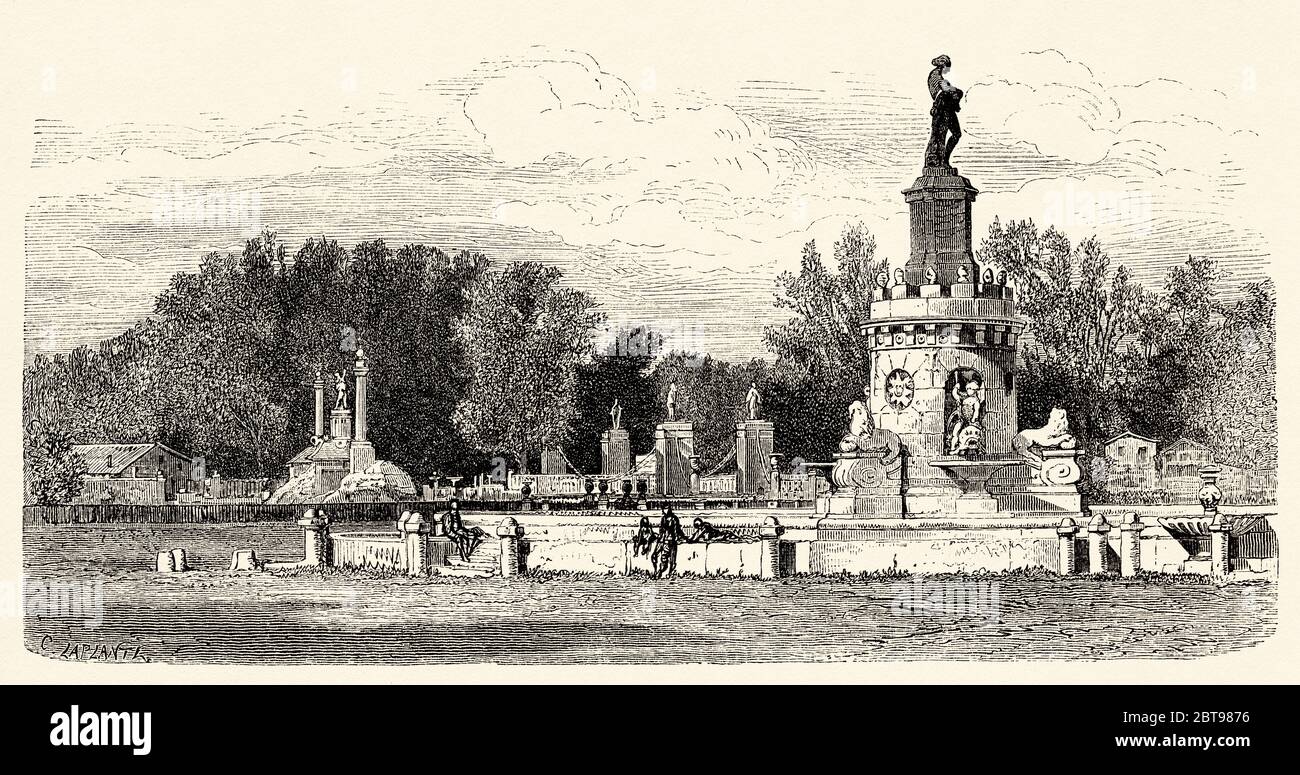 Brunnen der Mariblanca in Aranjuez, Madrid. Spanien, Europa. Alte Grafik aus dem 19. Jahrhundert, El Mundo en la Mano 1878 Stockfoto
