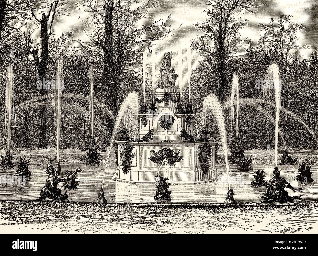 Skulpturale Brunnen im Königspalast, La Granja de San Ildefonso. Real Sitio de San Ildefonso, Valsaín, Segovia, Kastilien und Löwe. Spanien, Europa. Alte Grafik aus dem 19. Jahrhundert, El Mundo en la Mano 1878 Stockfoto