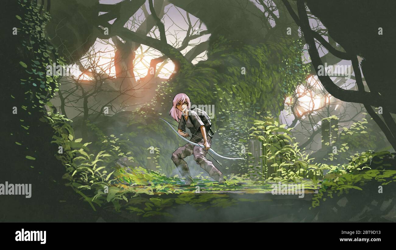 Abenteuer Mädchen mit einem Bogen im Wald, digitale Kunst Stil, Illustration Malerei Stockfoto