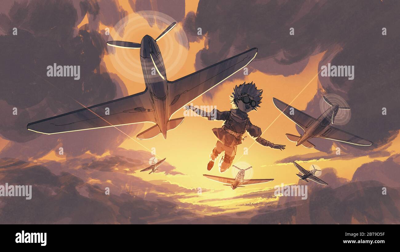 Der Junge fliegt in den Himmel mit den Flugzeugen, digitale Kunst Stil, Illustration Malerei Stockfoto