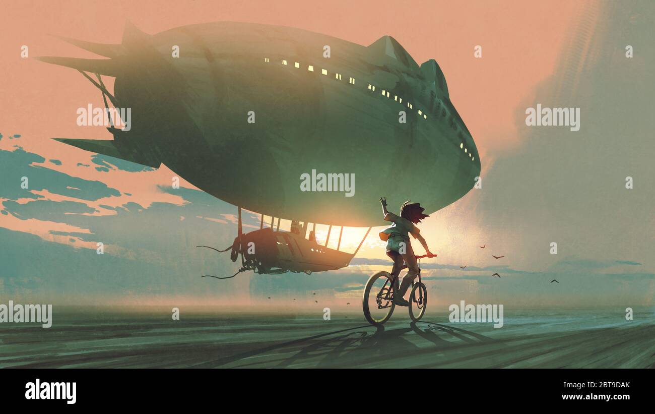 Kind fährt ein Fahrrad winken Abschied vom Luftschiff bei Sonnenuntergang, digitale Kunst Stil, Illustration Malerei Stockfoto