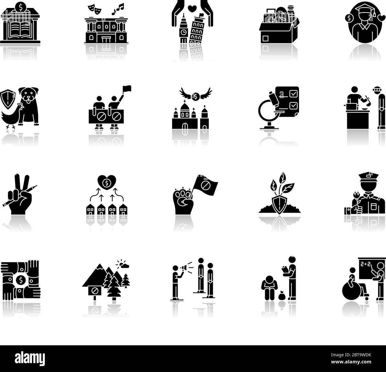 Charity Drop Schatten schwarze Glyph Symbole gesetzt Stock Vektor