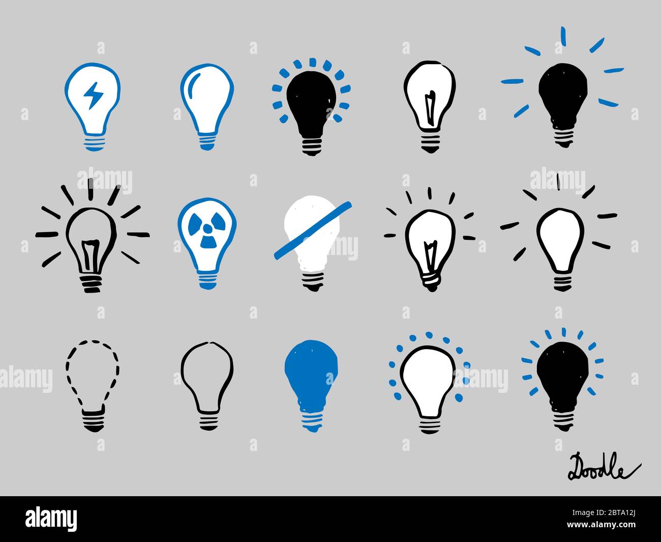Licht Glühbirne Hand Gezeichnet Vektor-Set Doodle Icon Grau Stock Vektor