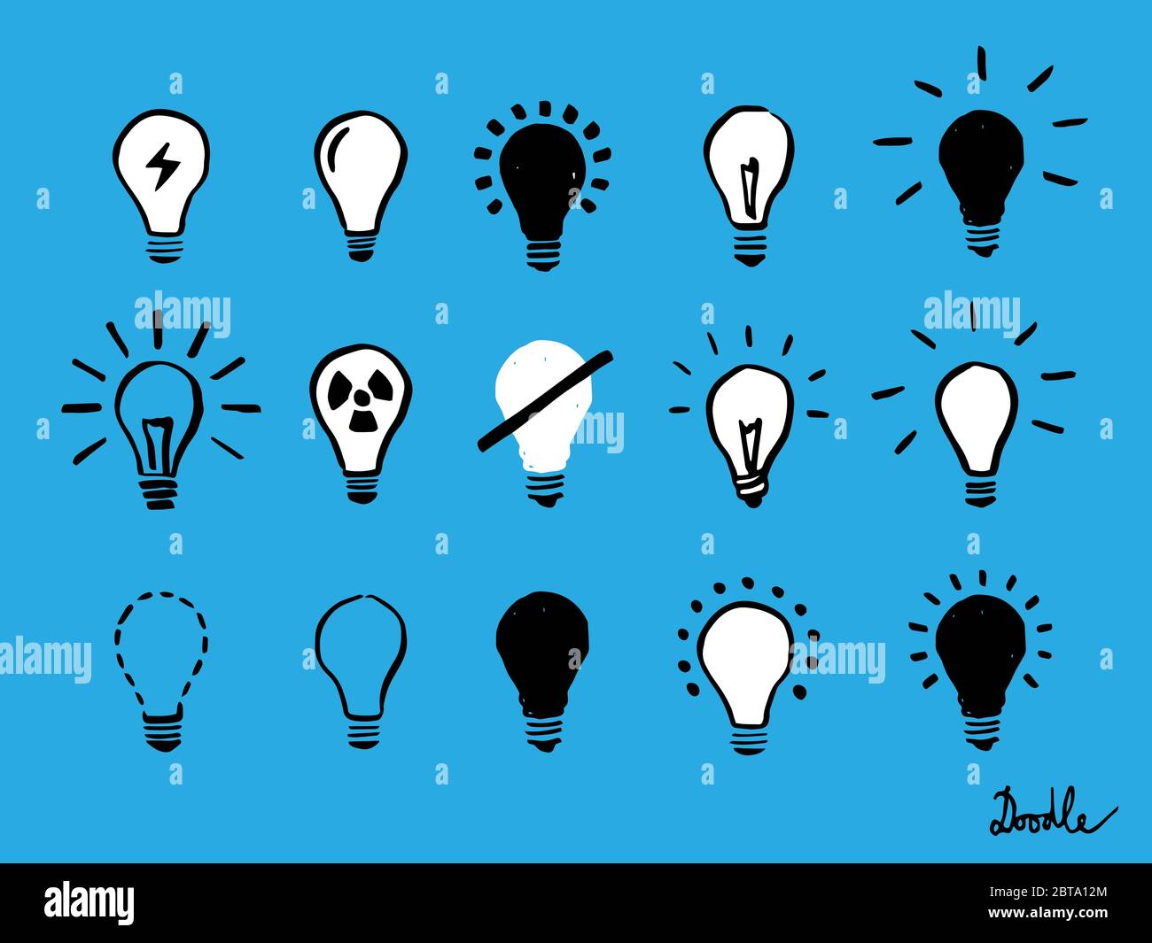 Licht Glühbirne Hand Gezeichnet Vektor-Set Doodle Icon Blue Stock Vektor