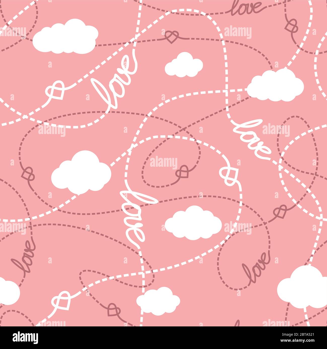 Vektor-Nahtloses Muster mit Liebe Worte, Herzen, verworrene Linien und Wolken. Wiederholende abstrakte Hintergrund für romantisches Design. Liebe konzeptuelle Textur. Stock Vektor