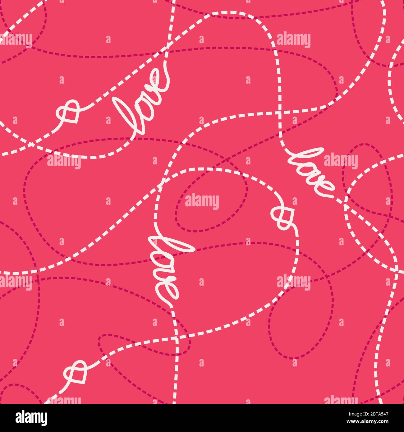 Vektor nahtlose Muster mit Liebe Worte, Herzen und verworrene gestrichelte Linien. Wiederholende abstrakte Hintergrund für romantisches Design. Liebe konzeptuelle Textur. Stock Vektor