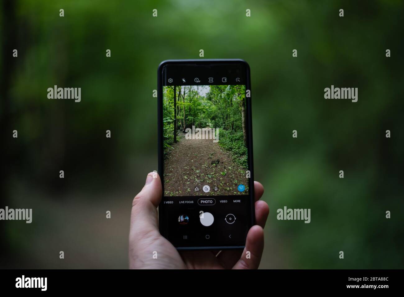 Die Welt durch einen Smartphone-Bildschirm gesehen Stockfoto