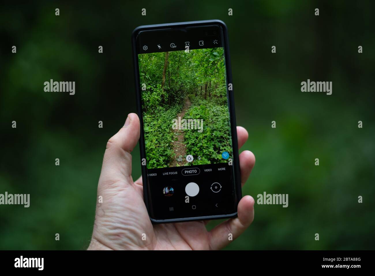 Die Welt durch einen Smartphone-Bildschirm gesehen Stockfoto