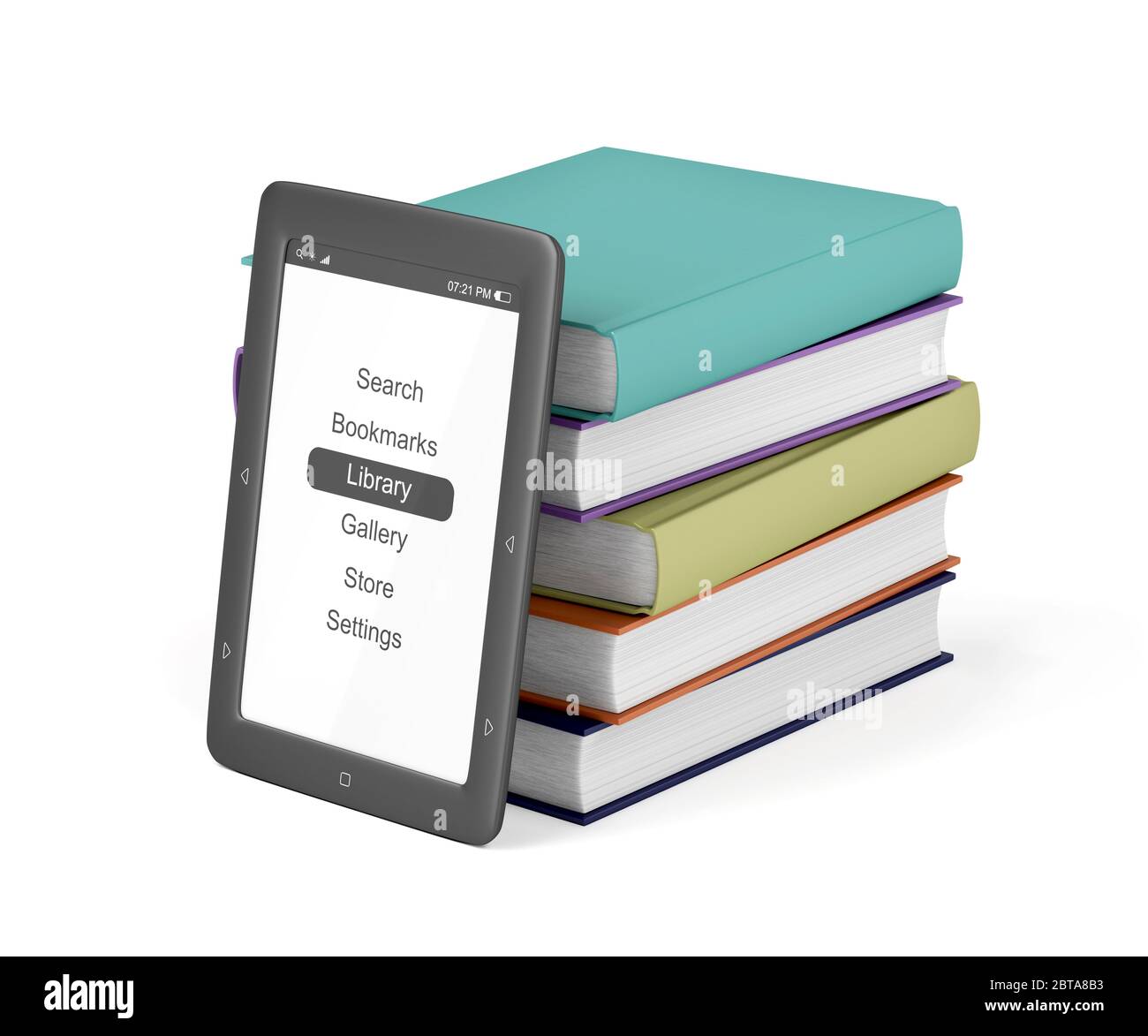 Stapel von bunten Büchern und E-Book-Reader auf weißem Hintergrund Stockfoto