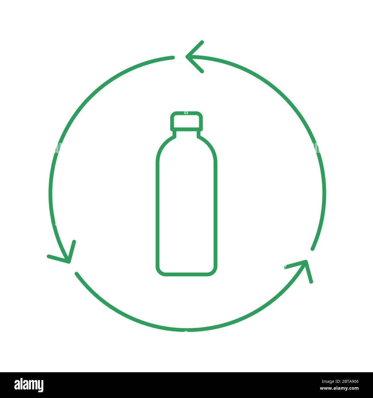 Schild für Recycling-Flaschen. Grüne Plastikflasche im Kreis mit Pfeilen. Grüne Umrandung auf weißem Hintergrund. Symbol für wiederverwendbare Glasflaschen. Recycling-Material Stock Vektor