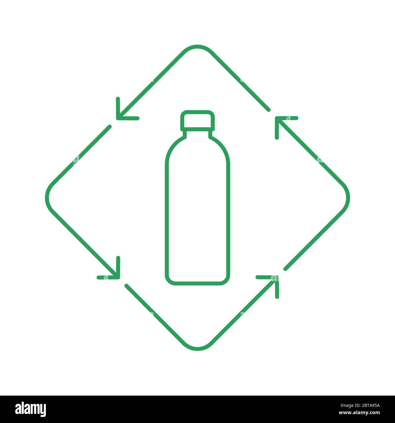 Schild Recycling von Kunststoff- oder Glasflaschen. Grüne Flasche in einem Rechteck mit Pfeilen. Nachhaltiges Lifestyle-Konzept. Symbol für dünne Linie. Grüne Kontur.Vektor Stock Vektor