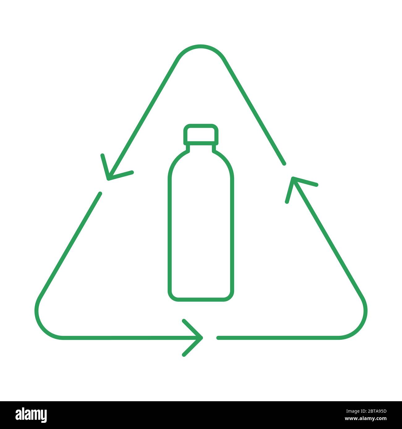 Symbol für dünne Linie der Flasche recyceln. Plastikflasche in einem Dreieck mit Pfeilen. Schild für wiederverwendbare Glasflaschen. Grüne Umrandung auf weißem Hintergrund. Vektor Stock Vektor