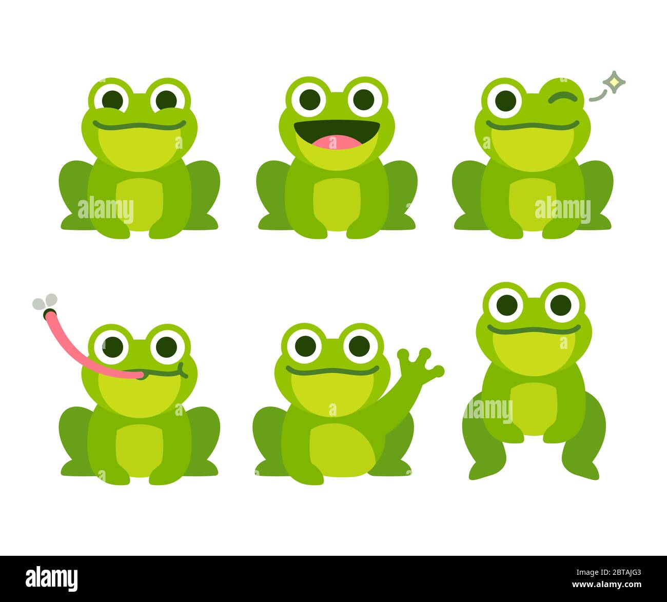 Nette Cartoon Frosch Set, Animation Frames. Liebenswert kleine froggy lächelnd, springen, quaking, winken und fangen fliegen mit der Zunge. Einfache flache Stil vec Stock Vektor