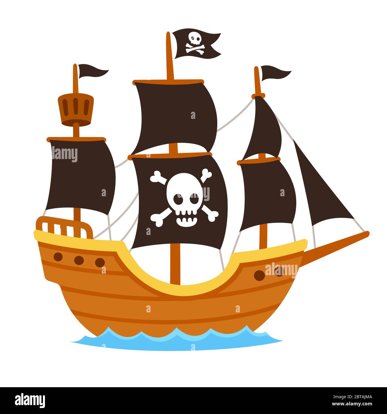 Cartoon Piratenschiff Illustration mit Totenkopf und Crossbones Flagge und schwarzen Segeln. Niedliche Vektor Clip Art Zeichnung. Stock Vektor