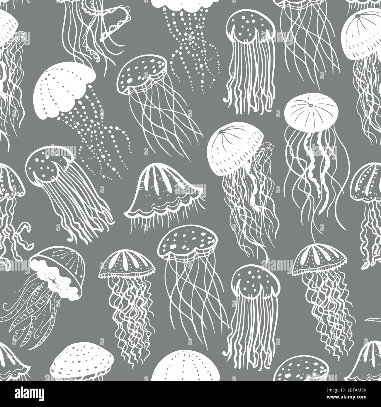 Vektor-Illustration von verschiedenen weißen Silhouetten Quallen nahtlose Oberfläche Muster. Meereshintergrund von Fischen. Stock Vektor