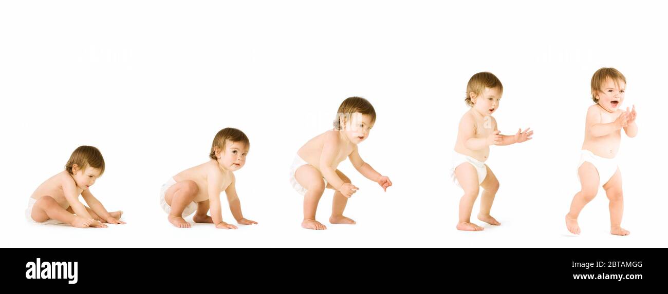 Collage von Stufen des Baby-Walking im Studio Stockfoto