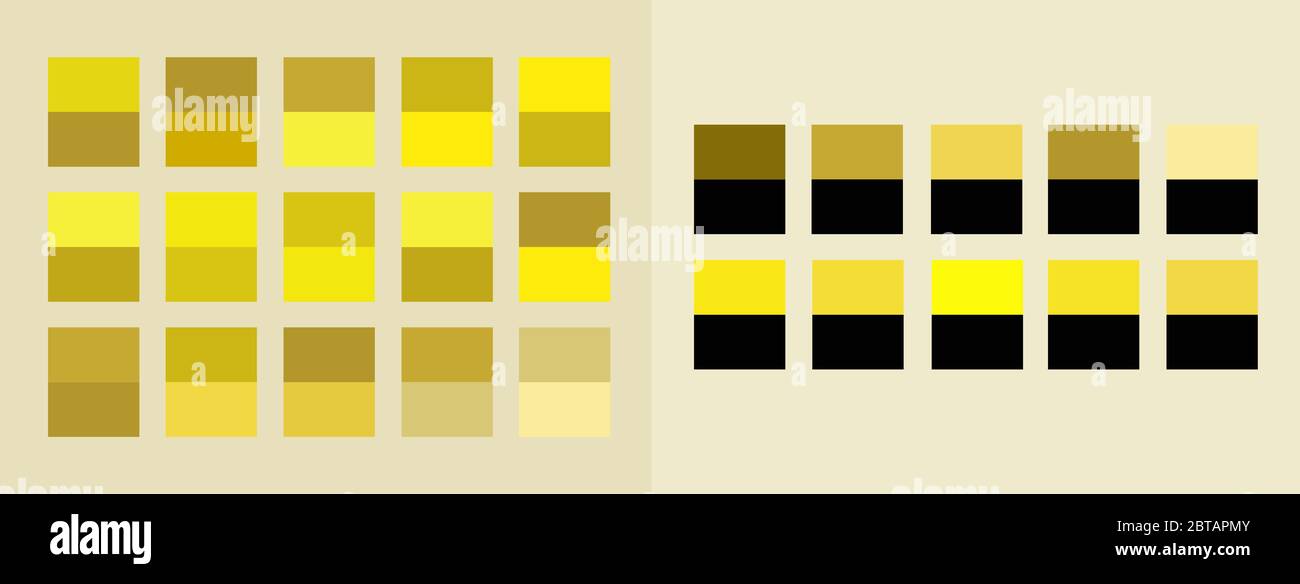 Helle Farbpalette Guide Vektor Illustration Set. Konzeptionelle Farbpaletten in Schwarz, Weiß, Goldgelb und Beige Creme Trendkombinationen. Stock Vektor