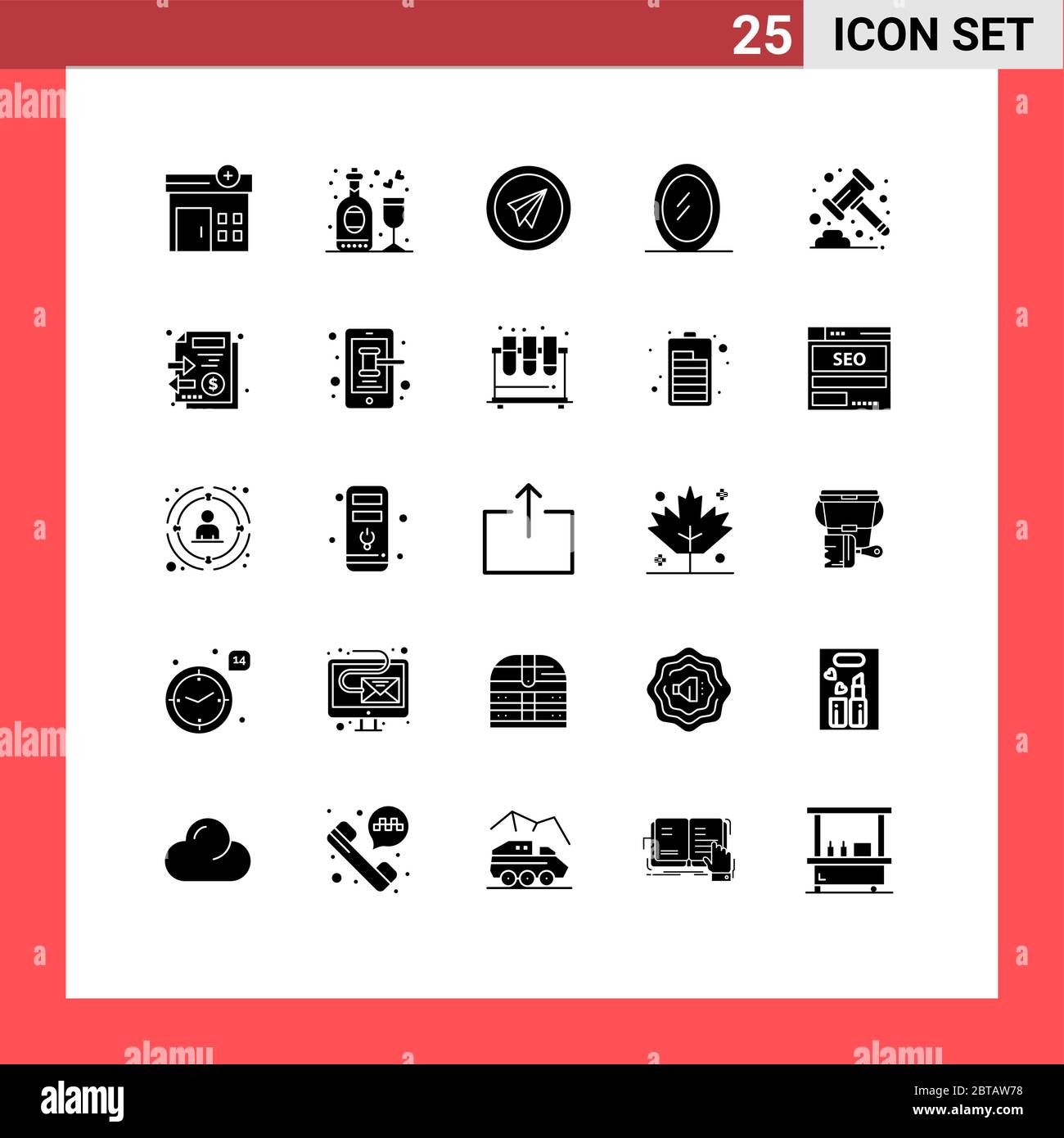 Piktogramm Set von 25 einfachen festen Glyphen von Banking, Gavel, fliegen, Auktion, Interieur editierbare Vektor Design-Elemente Stock Vektor