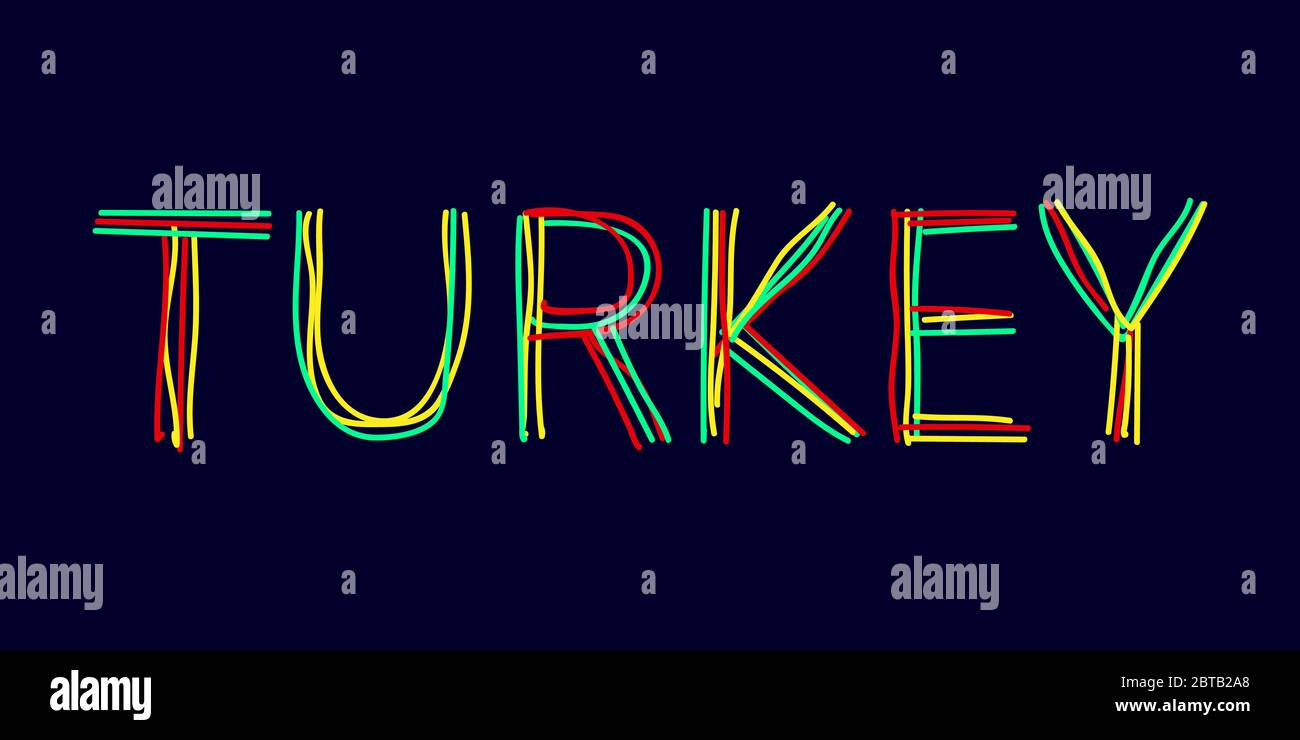 Türkei - Schriftzug ist aus mehrfarbigen geschwungenen Linien wie aus einem Filzstift oder einem Schreibstift. Rote, grüne, gelbe Farben. Doodle Türkei für Banner Stock Vektor