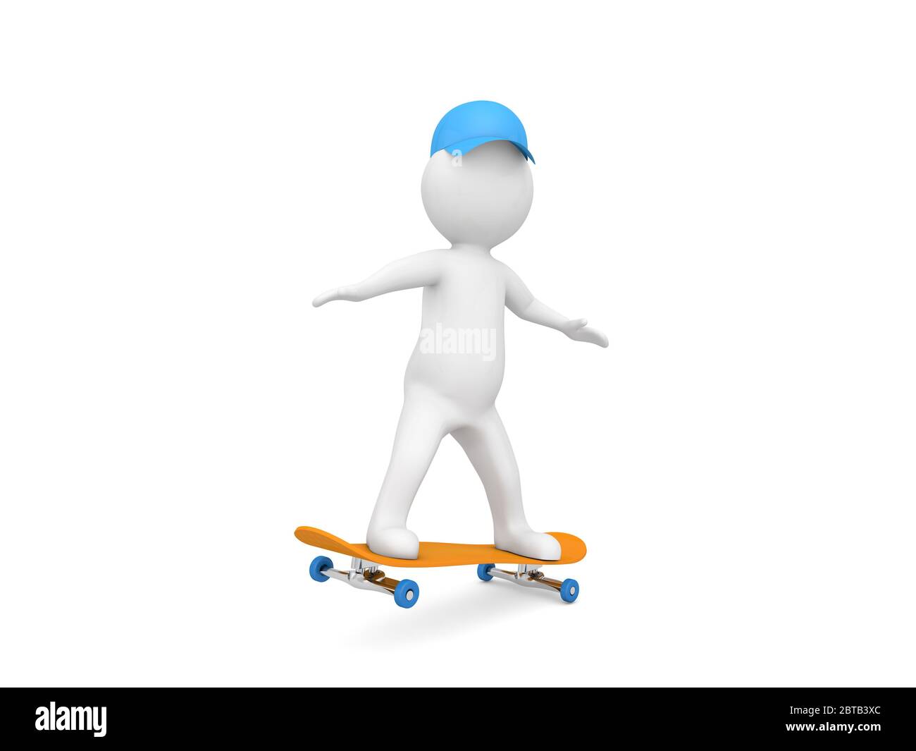 3d Charakter ist ein Skateboard auf einem weißen Hintergrund reiten. 3d-Renderdarstellung. Stockfoto