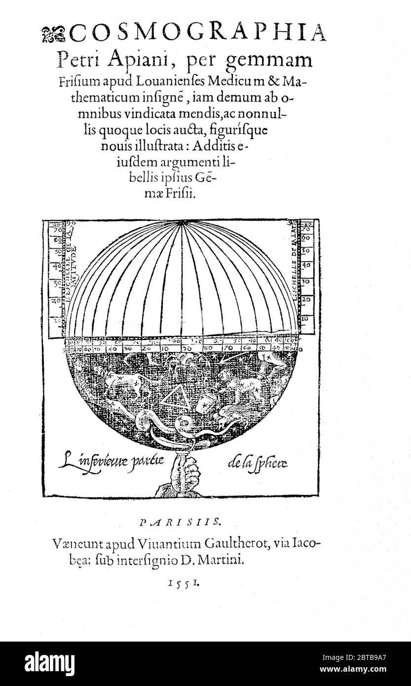 1551 , DEUTSCHLAND : der deutsche Kartograph, Astronom und Mathematiker PETER APIAN alias PETRUS APIANUS alias PIETRO APIANO ( 1495 - 1552 ). Illustration aus einem KOSMOGRAPHIA Buch von Peter Apian mit kosmologischen Diagramm zeigt die Erde in der Mitte , Planeten , Behausung Gottes, Gedruckt im Jahre 1551.- TOLOMEUS - TOLOMEO - Amerigo - Peter Bennewitz oder Peter Bienewitz - CARTOGRAFO - CARTOGRAFIA - KARTOGRAPHIE - GEOGRAFIA - GEOGRAPHIE - Globo terrestre - ritratto - Portrait - WISSENSCHAFTLER- GESCHICHTE - fotostoriche - COSMOGRAFIA - COSMOGONIA - ASTRONOMIA - ASTRONOMIE - ASTRONOM - ASTRONOMIO - illustrazio Stockfoto