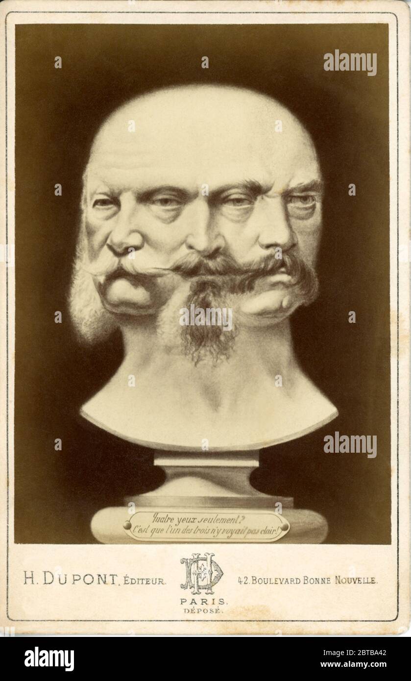 1870 Ca, FRANKREICH : der französische Kaiser NAPOLEON III. ( 1808 - 1873 ) porträtierte in die Gesichter des deutschen Kaizers WILHELM I. ( 1797 - 1888 ) und Otto von BISMARCK ( 1815 - 1898 ). Karikaturporträt von Unknown, veröffentlicht von H. Dupont, Paris. Die politische Illustration spielt auf die Tatsache, dass Napoleon III hatte tatsächlich Augen mit den Augen, einen Vergleich mit seiner schlechten politischen Weitblick. - REALI - Königtum - nobili - nobiltà - Napoleone III - imperatore - Baffi - Schnurrbart - ritratto - Baffi - Schnurrbart - barba - Strabismo --- Archivio GBB Stockfoto