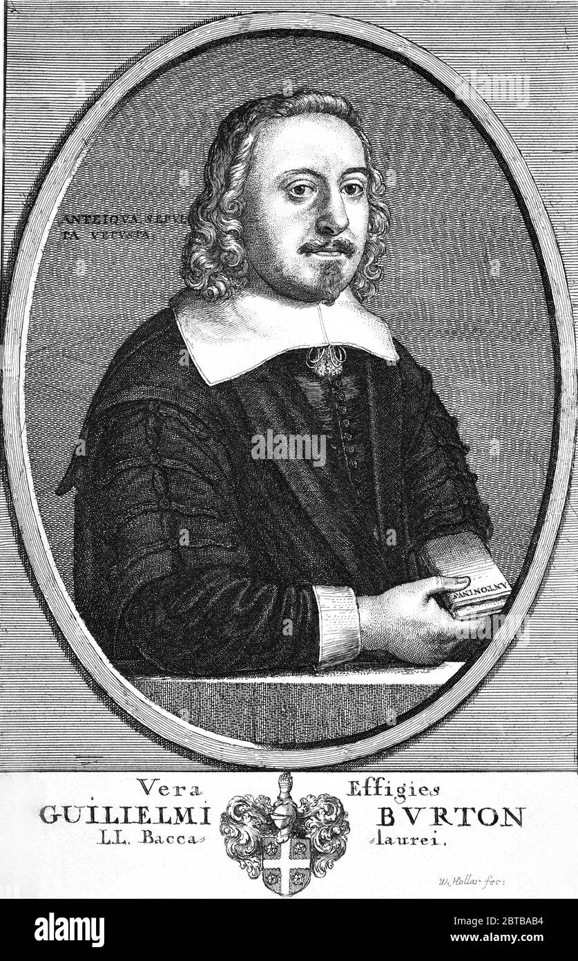 1640 c, GROSSBRITANNIEN: Der britische Historiker, Schulmeister und Antiquar WILLIAM BURTON (1609 - 1657) hält ein Buch mit der Inschrift ANTONINUS. Porträt von Wenzel Hollar ( 1607 - 1677 ). - ANTIQUARIO- SCRITTORE - SCHRIFTSTELLER - LETTERATO - LITERATUR - LETTERATURA - STORICO - Bart - Kragen - colletto - incisione - illustrazione - Illustration - frontespice - frontespizio - Buch - libro --- ARCHIVIO GBB Stockfoto