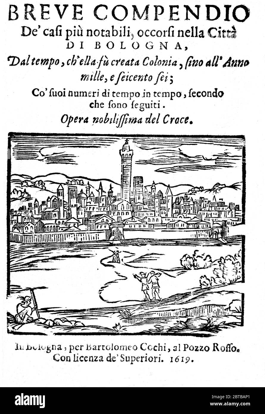 1619, Bologna, ITALIEN: Der italienische Dichter, Astrologe, Schauspieler und Produzent, Cantastoria und rätselhafter Schriftsteller GIULIO CESARE CROCE (* um 1550 in Bologna; † 1609 in Italien). Autor von Serien zu BERTARDO, BertOLDINO und CACASENNO . Titelseite des Buches BREVE COMPENDIO DE' CASI PIU' NOTABILI OCCORSI NELLA CITTA' DI BOLOGNA von G.C. Croce, gedruckt in Bologna , 1619 .- POETI ITALIANI - 500 - 500 - CANTASTORIE - ATTENORE - THEATER - SCRITTORE - LETTERATURA - LITERATUR - LETTERATO - POETA - POESIA - POESIE - ASTROLOGO - ASTROLOGIA - ASTROLOGIE - INCISION - PORTRÄT - RITRATTO - ENIGMISTA - LINGUA ITALIANA - ITALIANA Stockfoto